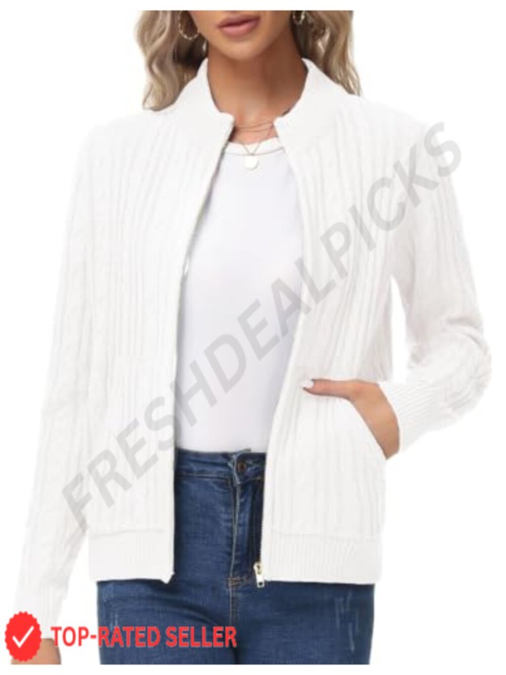 Chunky Cable Knit Zip Up Cardigan with Pockets Long Sleeve